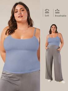SHEIN BASICS 大码女式纯色修身休闲吊带背心 - 霧霾藍 - 查看 7