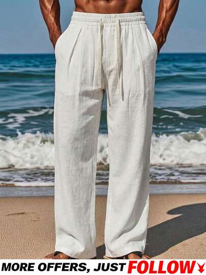 VIVINTIMO Men's Linen Solid Color Drawstring Waist Pockets Straight Leg Casual Pants Men Drawstring Pants Japanese Pants For Men Men Vacation Pants Men Linen Pants Boho Pants Men, Holiday