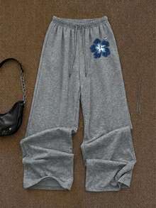 Casual Vintage Punk Y2K Versatile Party Airport, Pantalones Deportivos de Pierna Recta Holgados con Estampado Floral de Cruz Negra, Cómodos y Cálidos para Mujer, Adecuados para Otoño/Invierno. - Gris claro 2 - Ver 3