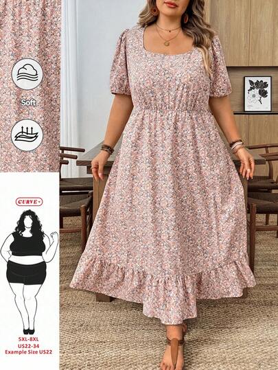 SHEIN CURVE+ Plus Size Women Vacation Floral Print Petal Sleeve Casual Dress
