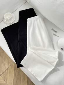 Sweetra Pantalones rectos de mezcla de algodón estilo casual francés en negro y blanco con bolsillos, estilo versátil para la primavera/verano, look elegante de dama - Blanco y Negro - Ver 2
