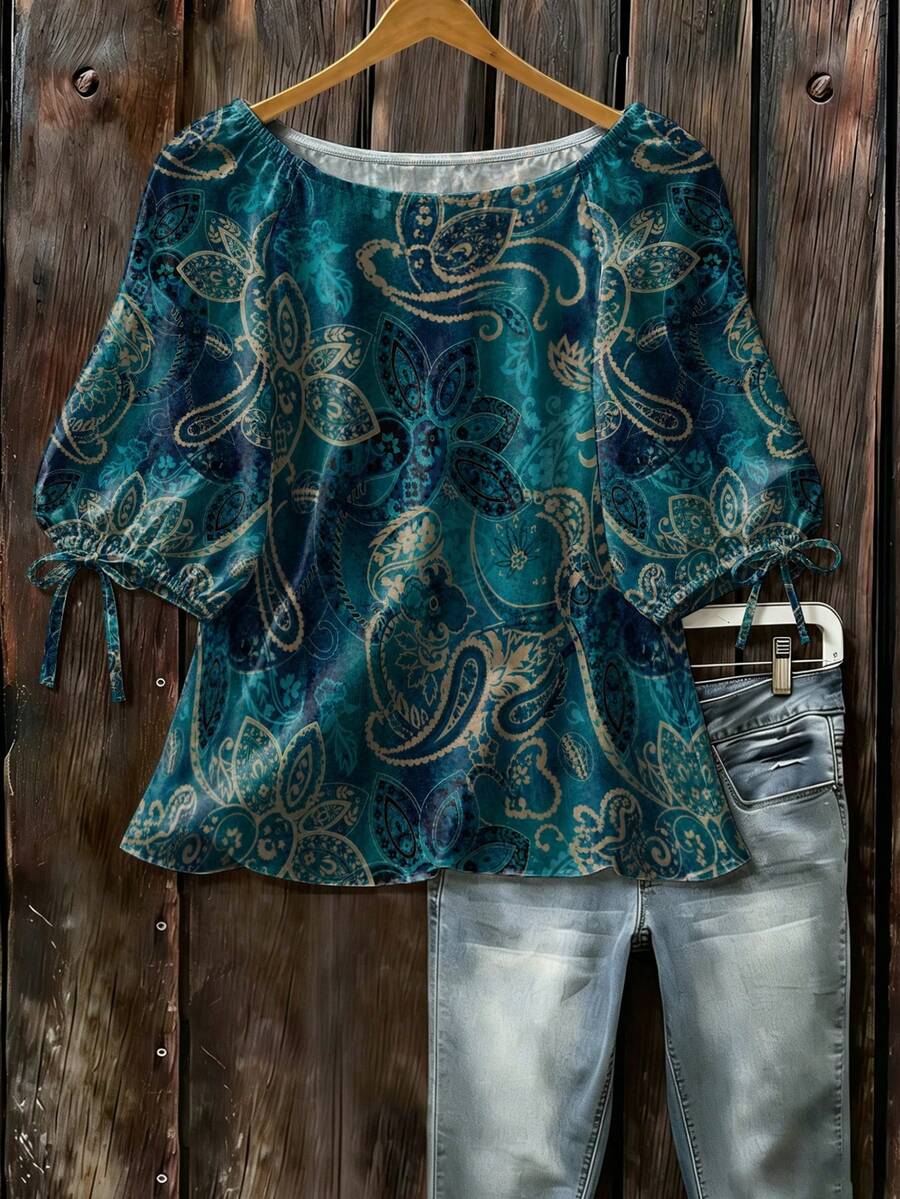 EMERY ROSE Vintage Bohemian Boho Floral Print Round Neck 3/4 Sleeve Woven Shirt Autumn Vacation Office Teal - Multicolor - View 1