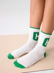 Loungeista Letter Graphic Crew Socks - Green - View 8