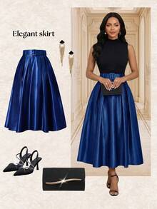 Fleurora Women's Elegant Solid Color Pleated Skirt, Suitable For Parties Carnival Women Carnival Costume Carnival Women Carnival Costume For Women Summer Dress Party Elegant Party Dresses Winter Dress Formal Dresses For Women Festival Outfits For Women Elegant Dresses For Women - Navy Blue - View 1