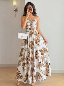 Rafferiza Đầm maxi hai dây màu trắng nâu in hoa mùa hè, cổ vuông, eo cao, dáng chữ A, thanh lịch, thoải mái, thích hợp cho kỳ nghỉ, đi biển, hẹn hò ăn trưa, đám cưới, chụp ảnh du lịch và đi chơi hàng ngày, đầm hoa lãng mạn dễ phối đồ cho nữ, đầm maxi hoa, đầm hoa thanh lịch, đầm hoa dự tiệc cho nữ, đầm in hoa cho nữ, đầm nữ mới về - Nhiều màu - Xem 1