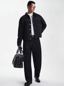 Zorclune Bộ đồ denim nam màu xanh đậm 2 món, áo khoác thường ngày và quần ống rộng, bộ đồ denim nam mùa xuân/thu, quần jeans rộng thùng thình. - Rửa tối - Xem 5