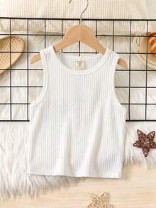 SHEIN Tween Girl Casual Everyday Versatile Comfortable Solid Color Sleeveless Fitted Knit Tank Top, Tween Girl - White - View 1