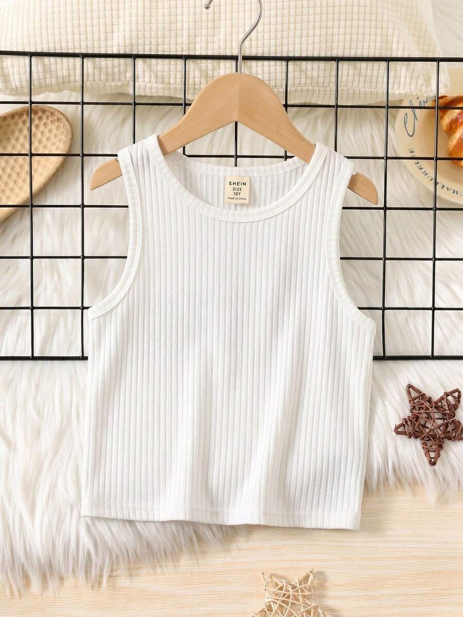 SHEIN Tween Girl Casual Everyday Versatile Comfortable Solid Color Sleeveless Fitted Knit Tank Top, Tween Girl - White - View 1