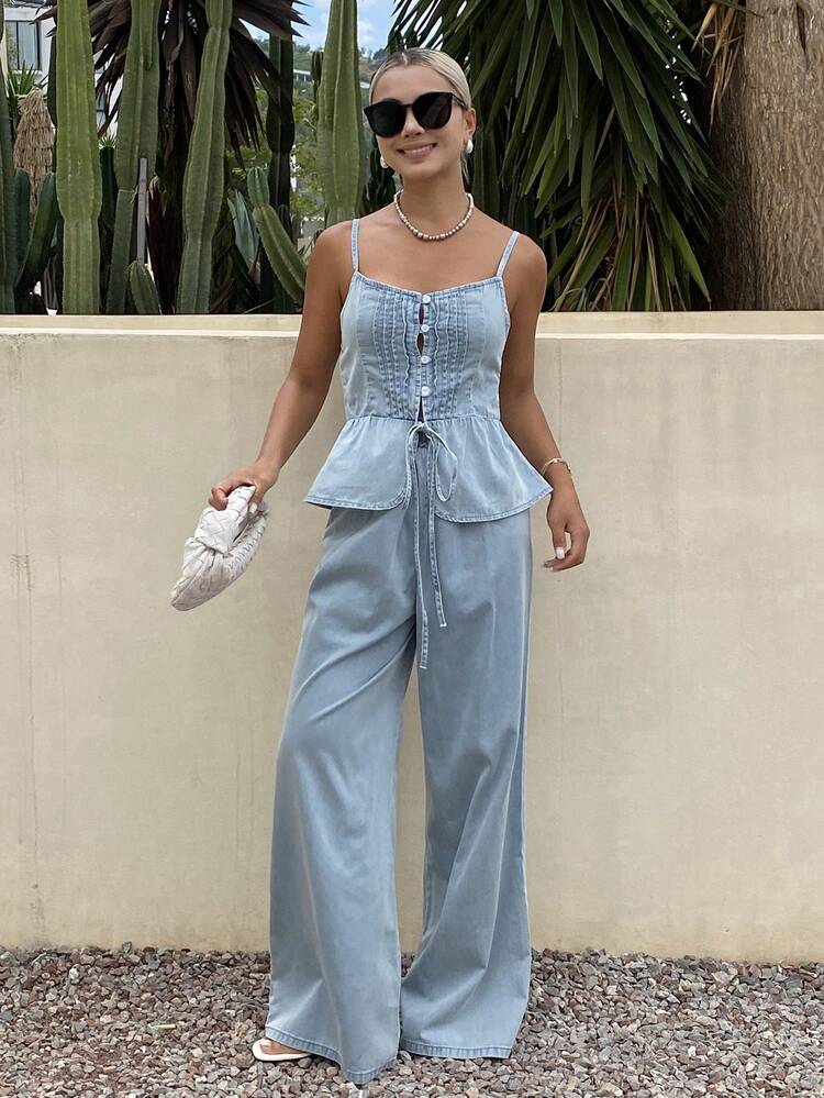 Women's Casual Denim Camisole Top And Jeans 2 Pieces Set
