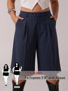 SHEIN Tall CURVE Quần short nữ cỡ lớn kẻ sọc có túi, kiểu dáng thời trang, đa năng, phù hợp cho đi làm và công sở. - Màu xanh hải quân - Xem 2