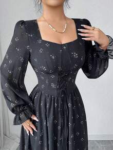 Modelyn Gaun Midi Wanita Desain Prancis dengan Leher Bentuk Hati dan Ikat Pinggang serta Lengan Lentera - Grey - View 7