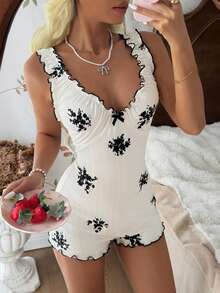 SHEIN Bộ đồ ngủ liền thân cổ chữ V in hoa, viền bèo nhún, trang trí nơ dành cho nữ. - trắng - Xem 3