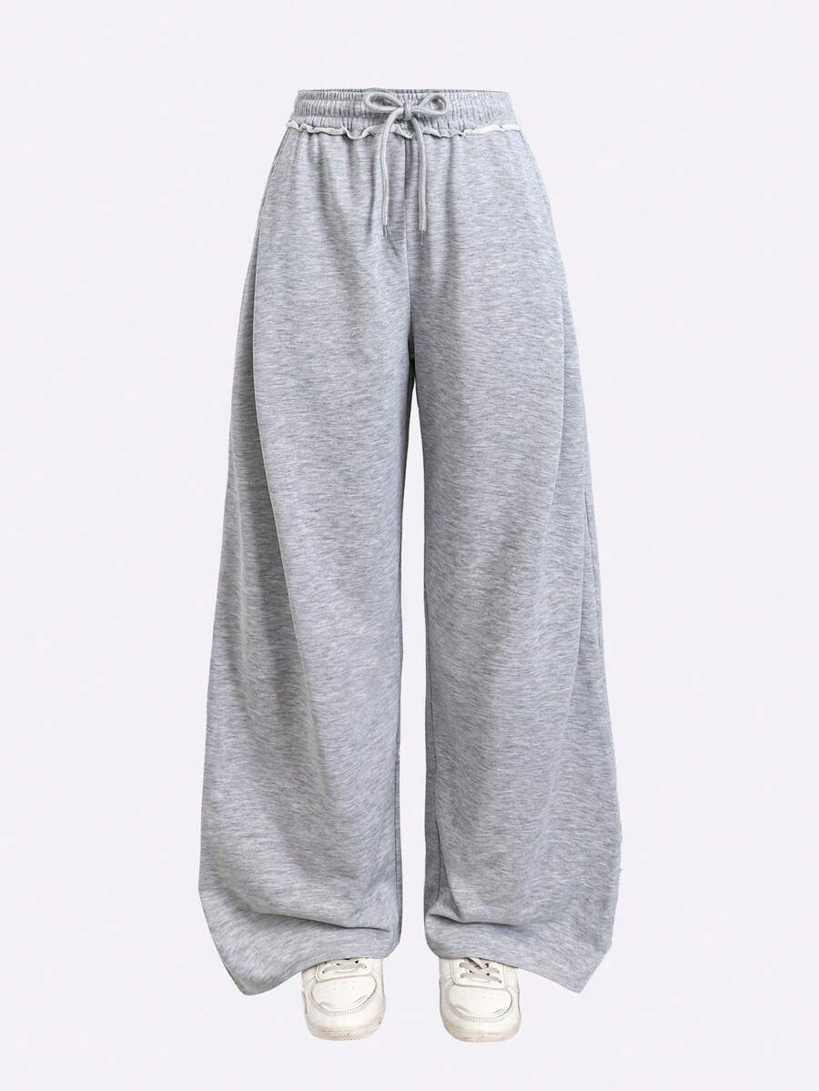 SHEIN 少女针织浅灰色宽松休闲抽绳口袋阔腿运动裤 - 灰色 - 查看 1
