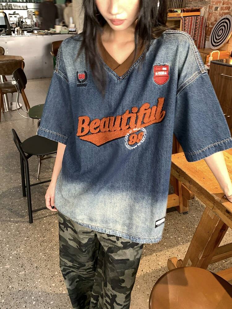 Women's Washed Embroidered Contrast Color Casual Denim Blouse Summer