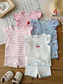SHEIN 8件組 0-3歲女嬰粉色與白色夏季可愛家庭套裝 休閒素色針織不對稱羅紋背心T恤上衣與短褲套組 - 彩色 - 查看 5