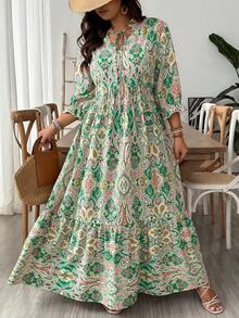 SHEIN VCAY Plus Size Green Retro Print Dress, Suitable For Summer Beach Vacation - Green - View 5