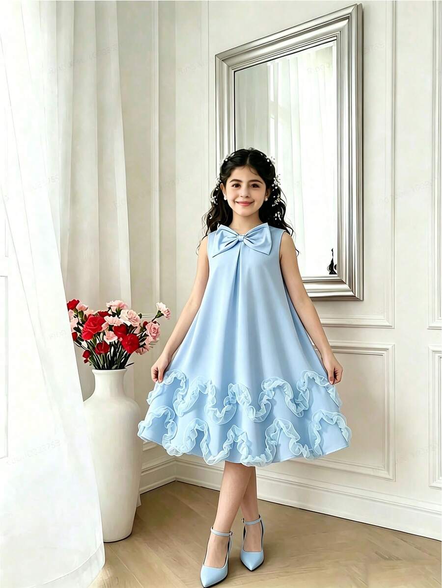 Girls' Elegant Sleeveless Dress With Bowknot Decor And Ruffle Hem, Children's Graceful Red Sleeveless Dress, Suitable For Spring And Summer - Mint Blue - View 1