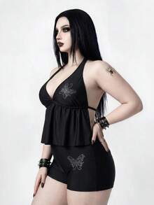 ROMWE Goth Bộ đồ bơi tankini hai mảnh màu trơn dành cho nữ cỡ lớn, kiểu dây mảnh, che bụng, thích hợp cho kỳ nghỉ biển. - màu đen - Xem 4