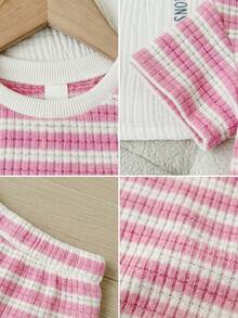 SHEIN 女童3D立体花卉条纹短袖T恤和短裤休闲套装 - 粉色 - 查看 7