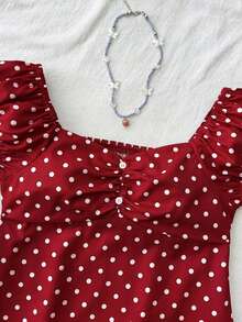 SHEIN Tween Girls' Casual Comfortable Polka Dot Backpack Shirt For Everyday Wear - Red - View 3