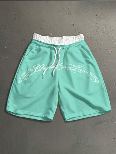 StoneGrade Men's Letter Print Drawstring Waist Casual Versatile Daily Wear Shorts
