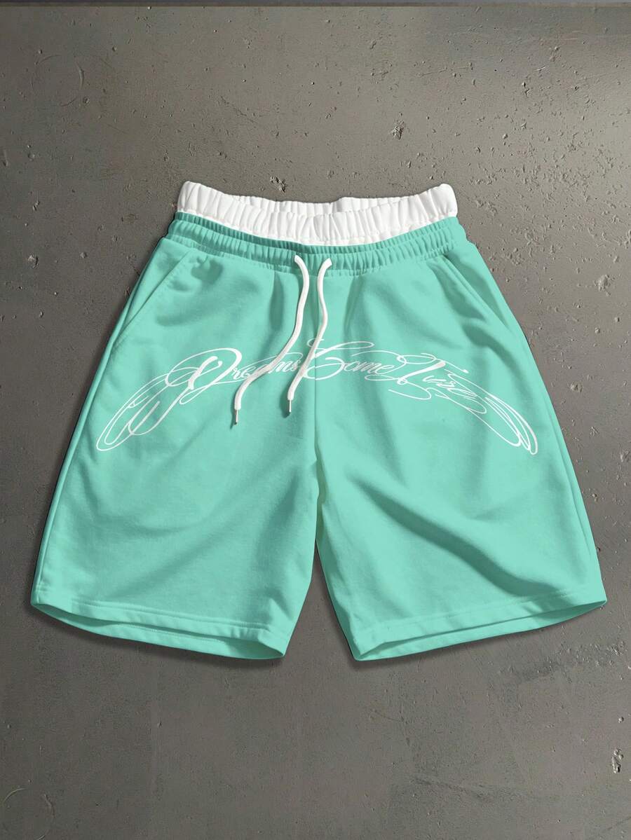 Manfinity Roghcode Pantalones cortos casuales y versátiles para uso diario con cintura con cordón y estampado de letras para hombres - verde menta - Ver 1