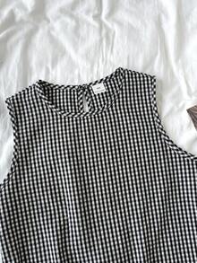 SHEIN 少女T恤套装，休闲纯色荷叶边刺绣花卉无袖上衣和短裤两件套，夏季假日日常基本款 - 黑與白 - 查看 6