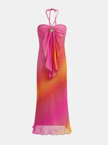 SHEIN 少女扎染针织网纱修身露背长裙，金属扣装饰，适合派对、度假、波西米亚风、复古、嘉年华、海滩度假等场合。 - 彩色 - 查看 2