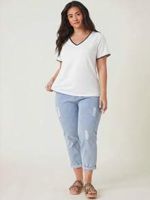 SHEIN BASICS 大码女式休闲V领短袖T恤，夏季 - 白色 - 查看 4