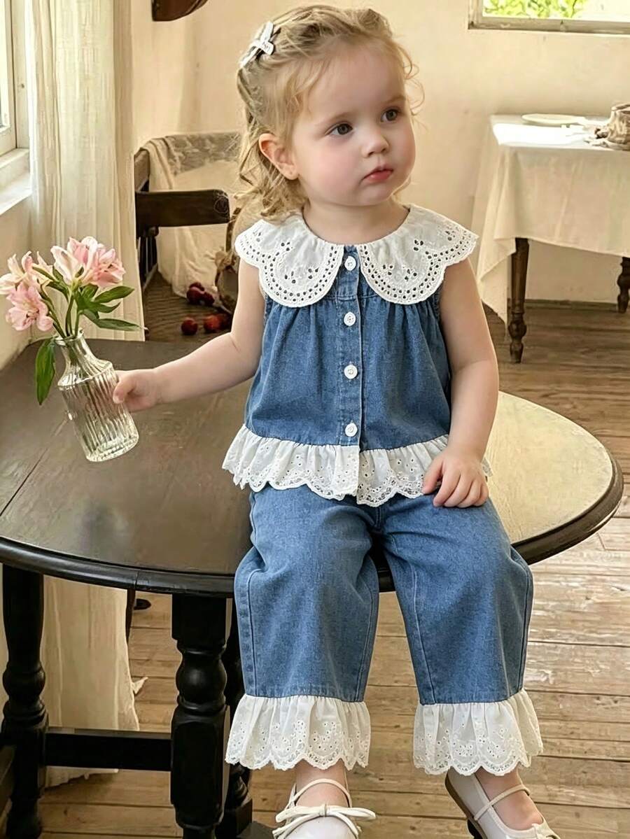 SHEIN Countryside Style Peter Pan Collar Girls Outfit, Baby Girl Fashion Embroidered Hem Sleeveless Top And Long Pants 2-Piece Set - Multicolor - View 1