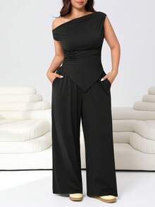 Solflare Plus Size Women Black Asymmetric Collar Top And Wide Leg Pants With Slant Pockets, 2 Pieces Set, Spring/Summer - Black - View 1
