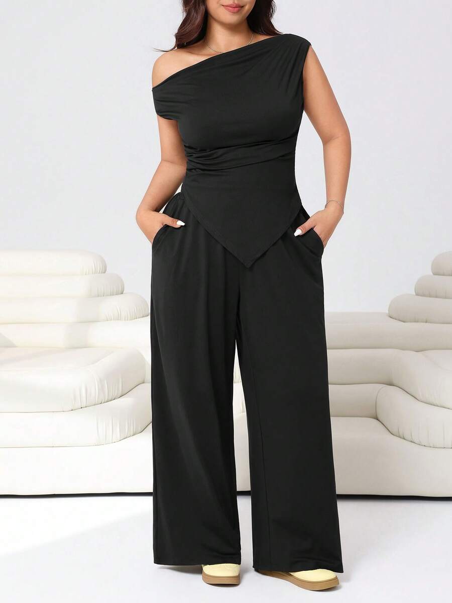Solflare Plus Size Women Black Asymmetric Collar Top And Wide Leg Pants With Slant Pockets, 2 Pieces Set, Spring/Summer - Black - View 1