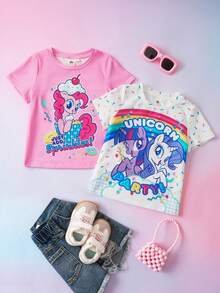 My Little Pony X SHEIN Young Girl Letter & Cartoon Print Round Neck Short Sleeve T-Shirt - Pink - View 1