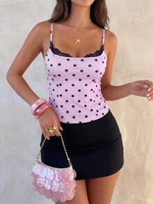 Modelyn Women's Contrast Lace Pastal Polka Dot Print Camisole Night Out Vacation Beach Golf Summer Sexy 90s Cute Y2k Cardigan Top Pink Polka Dot - Purple - View 4