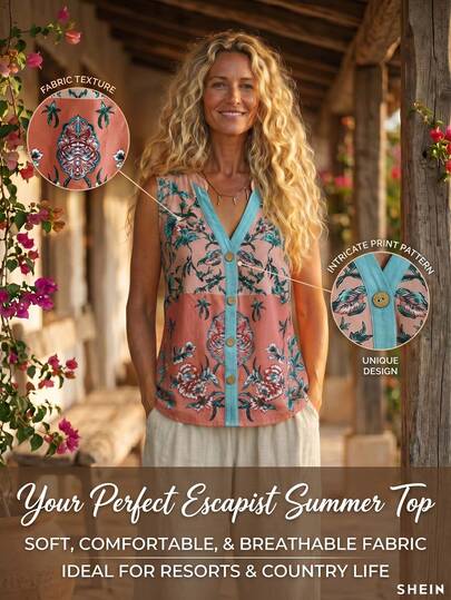 SHEIN Holidaya Elegant Casual Fashion Bamboo Texture Printed Button Decor V-Neck Blouse, Soft And Comfortable Fabric, Women's Summer Clothing, Beach Resort Wear, Country Style, Summer Holiday Outfit, Women's Casual Shirt, Summer Top, Graceful Women's Shirt
