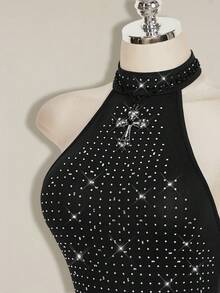 SHEIN ICON Women's Rhinestone Embellished Halter Neck Jumpsuit - Black - View 4