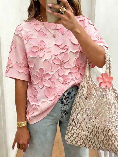 EMERY ROSE Plus Size Women's Floral Print Casual Top, Summer New Arrival, Pink, Flower Design, Fashionable And Versatile, Elegant Style, Suitable For Holidays And Dates