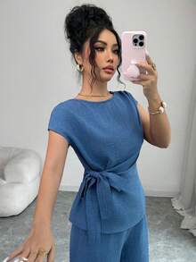 Elenzga Blusa ajustada elegante de mujer con cuello redondo azul, puños con lazo y drapeado, para primavera/verano - Azul - Ver 5