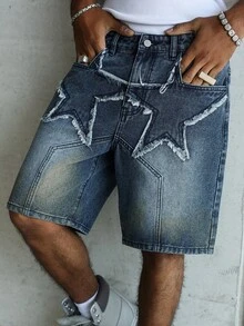 Manfinity EMRG Short en jean délavé avec motif étoile déchiré, style décontracté à la mode pour la rue et les déplacements quotidiens. Été. - Bleu marine - Voir 6