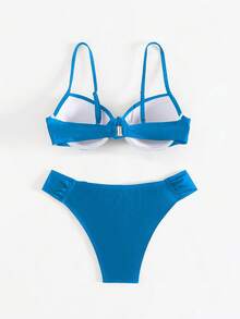 Swim SXY 女款黑色性感支撐抓皺平口上衣與比基尼泳褲兩件式泳裝套裝，夏季海灘裝 - 藍色 - 查看 8