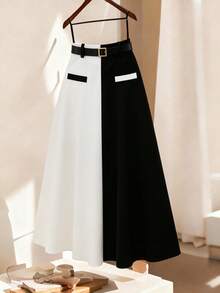 GlowEve CURVE Plus Size Women Summer Elegant Black White Contrast Belt A-Line Midi Skirt,Minimalist Fashion Business Work,Autumn Wedding Casual Versatile Daily Fall - Black and White - View 5