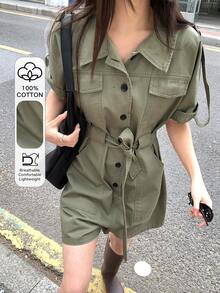 DAZY 女款純色領口連身褲，韓式休閒套裝，夏季女款連身短褲 - 軍綠色 - 查看 1