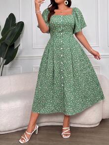Vionelle Plus Size Women's Ditsy Floral Print Square Collar Buttoned Dress Maxi Women Outfit - Green - View 3