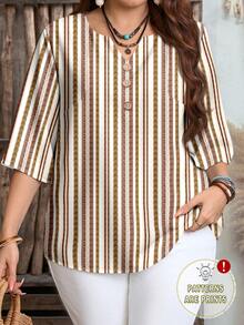 EMERY ROSE Plus Size Women Casual Striped Short Sleeve Shirt, Suitable For Summer - Multicolor - View 1