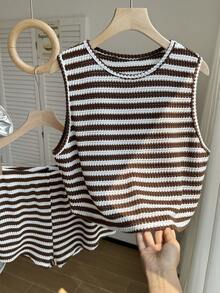 Comfortcana Plus Size Women Striped Round Neck Top And Shorts Casual Daily Outfit - Brown - View 8