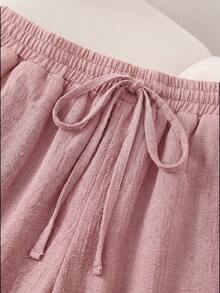 CosyJoli Pantalones largos casuales y versátiles de talla grande para mujer con cintura con cordón, unicolor, para uso diario y salidas - Rosa - Ver 3