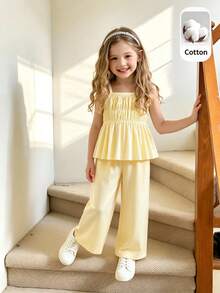 SHEIN Elladie kids Young Girl Cute Ruffle Camisole And Casual Pants Set - Yellow - View 3