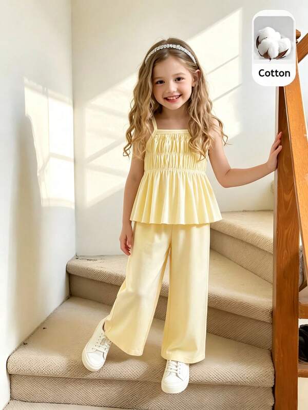 SHEIN Elladie kids 小女孩可爱荷叶边吊带背心和休闲裤套装
