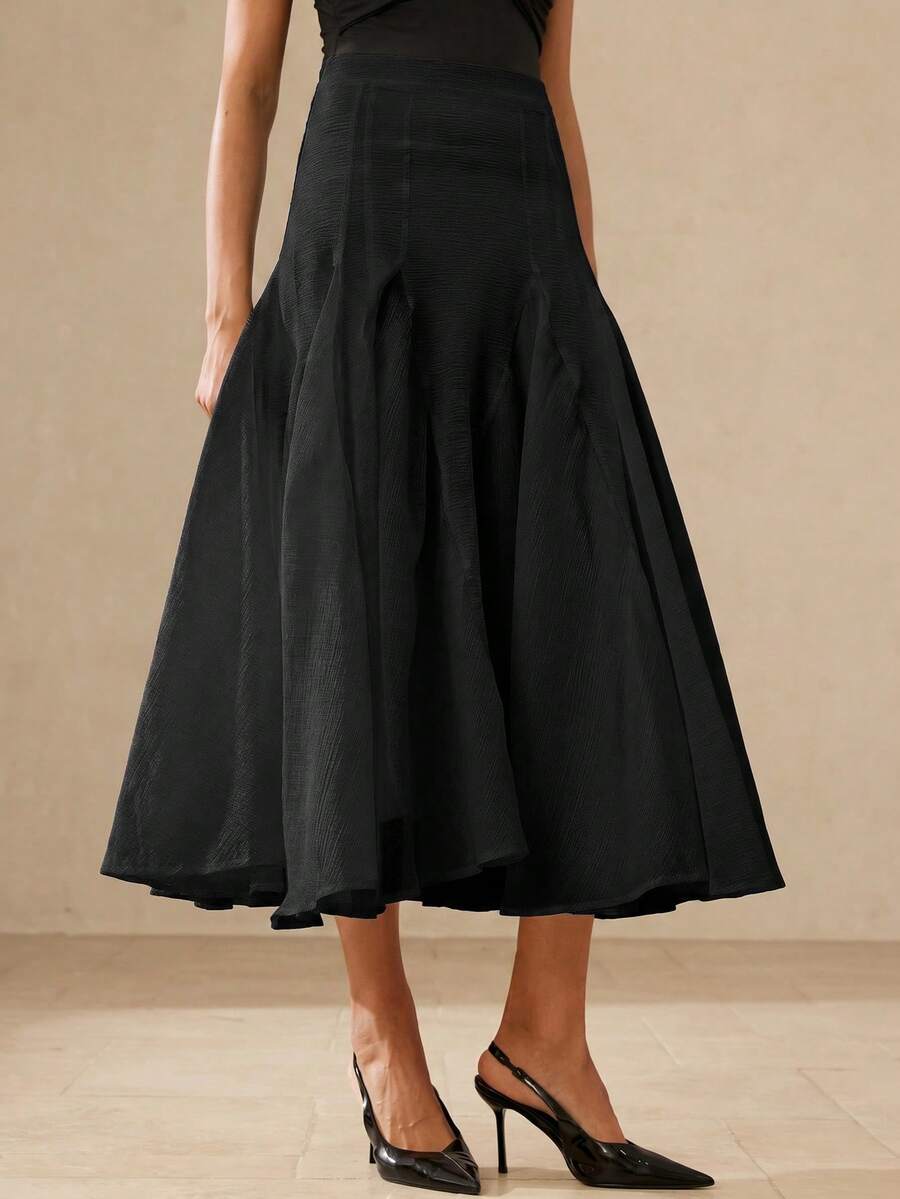 BELROSIE French Fashion Elegant Lady Texture Fabric Oversized Hem Design Skirt, Suitable For Dating & Vacation - Black - View 1
