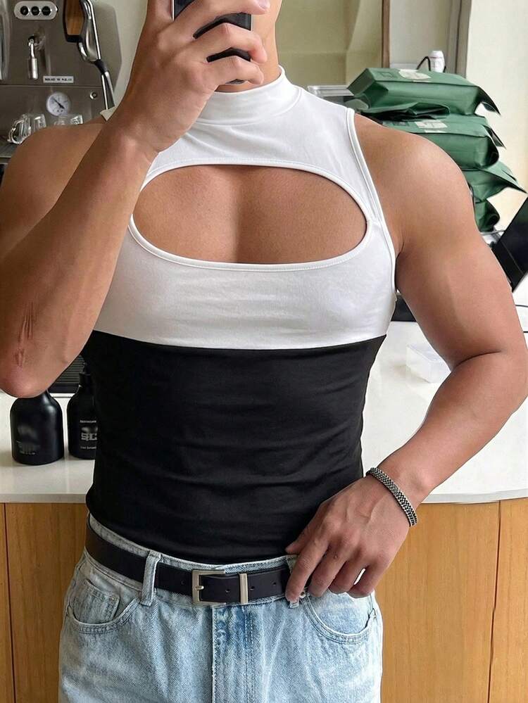 Manfinity Dauomo 男士夏季性感休闲拼接撞色镂空紧身背心 - 黑與白 - 查看 3